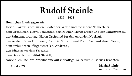 Traueranzeige von Rudolf Steinle von Illertisser Zeitung