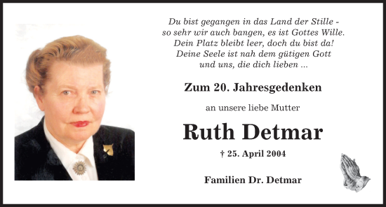 Traueranzeige von Ruth Detmar von Mindelheimer Zeitung