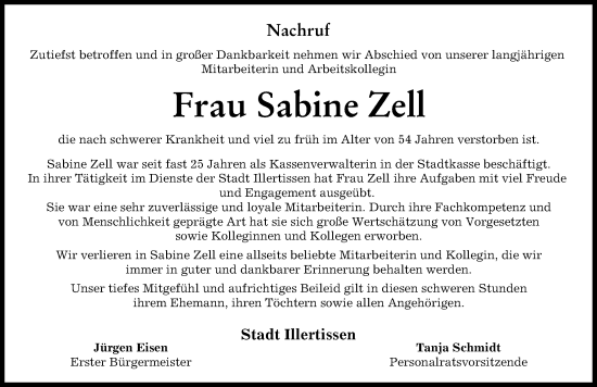 Traueranzeige von Sabine Zell von Illertisser Zeitung