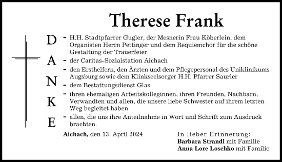 Traueranzeige von Therese Frank von Aichacher Nachrichten
