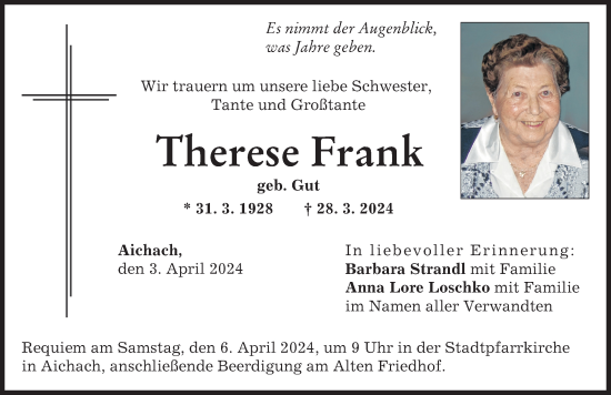 Traueranzeige von Therese Frank von Aichacher Nachrichten