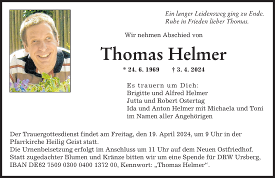 Traueranzeige von Thomas Helmer von Augsburger Allgemeine
