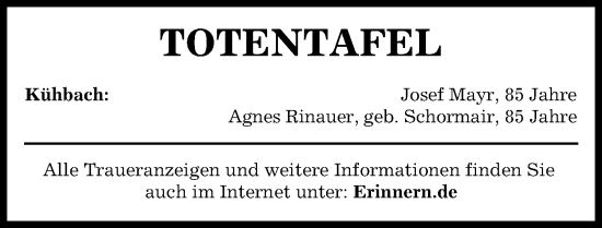 Traueranzeige von Totentafel vom 20.04.2024 von Aichacher Nachrichten