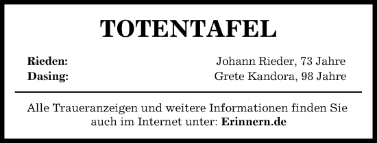 Traueranzeige von Totentafel vom 23.04.2024 von Aichacher Nachrichten