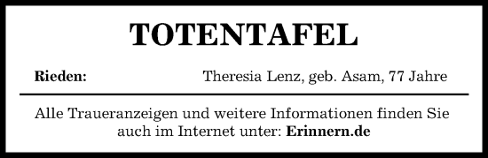 Traueranzeige von Totentafel vom 24.04.2024 von Aichacher Nachrichten