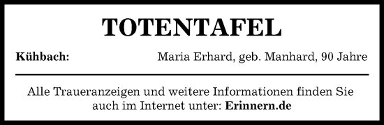 Traueranzeige von Totentafel vom 27.04.2024 von Aichacher Nachrichten