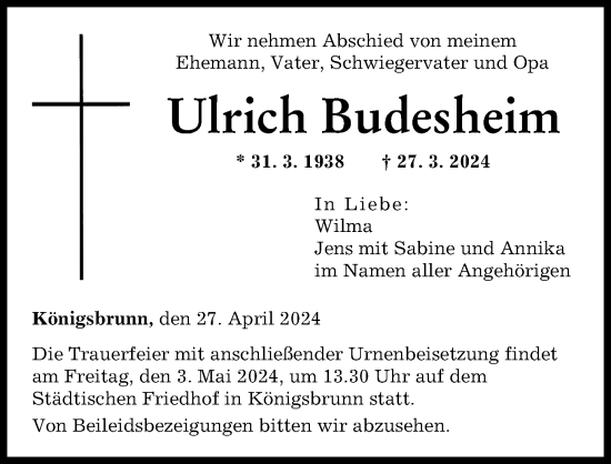 Traueranzeige von Ulrich Budesheim von Augsburger Allgemeine