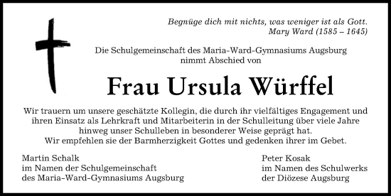 Traueranzeige von Ursula Würffel von Augsburger Allgemeine