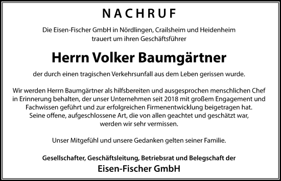 Traueranzeige von Volker Baumgärtner von Rieser Nachrichten