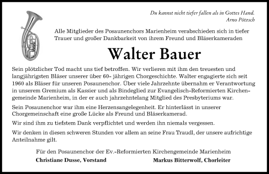 Traueranzeige von Walter Bauer von Neuburger Rundschau