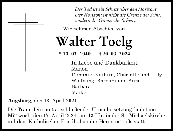 Traueranzeige von Walter Toelg von Augsburger Allgemeine