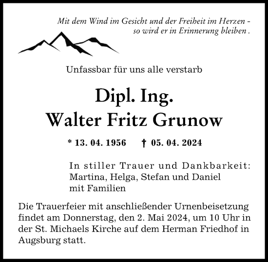 Traueranzeige von Walter Fritz Grunow von Augsburger Allgemeine