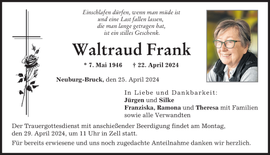 Traueranzeige von Waltraud Frank von Neuburger Rundschau