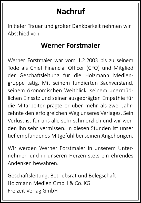 Traueranzeige von Werner Forstmaier von Augsburger Allgemeine, Mindelheimer Zeitung