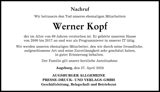 Traueranzeige von Werner Kopf von Augsburger Allgemeine