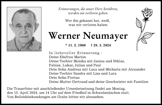 Traueranzeige von Werner Neumayer von Augsburger Allgemeine