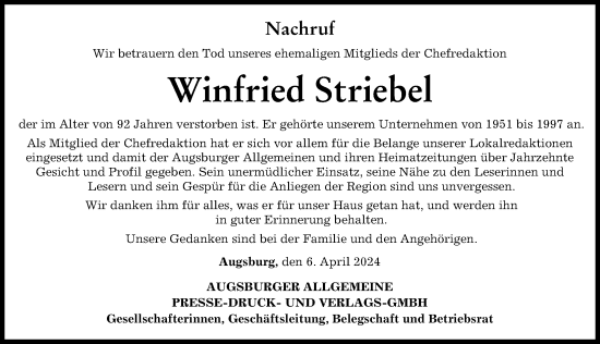 Traueranzeige von Winfried Striebel von Augsburger Allgemeine