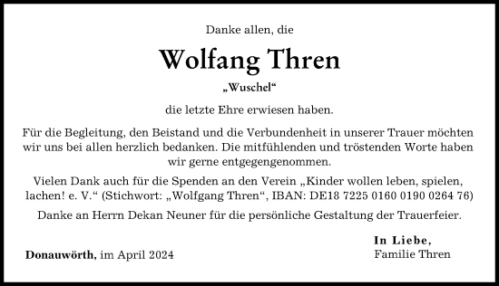 Traueranzeige von Wolfang Thren von Donauwörther Zeitung