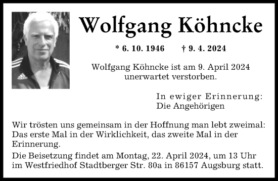 Traueranzeige von Wolfgang Köhncke von Augsburger Allgemeine