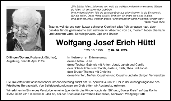 Traueranzeige von Wolfgang Josef Erich Hüttl von Augsburger Allgemeine