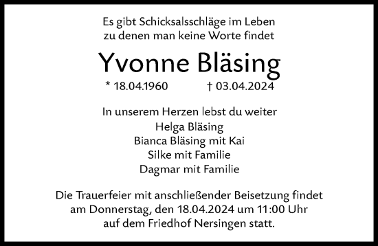 Traueranzeige von Yvonne Bläsing von Augsburger Allgemeine, Neu-Ulmer Zeitung
