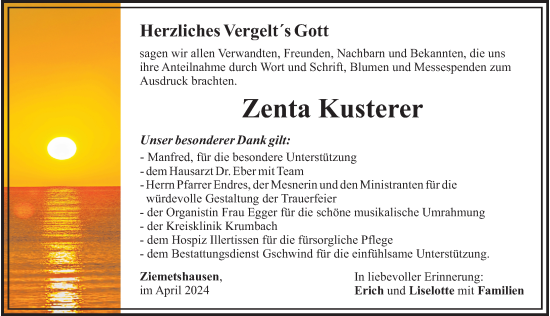 Traueranzeige von Zenta Kusterer von Augsburg-Land, Mittelschwäbische Nachrichten