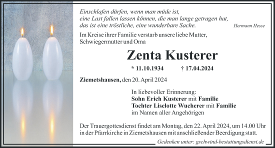 Traueranzeige von Zenta Kusterer von Mittelschwäbische Nachrichten