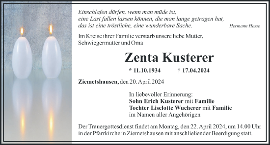 Traueranzeige von Zenta Kusterer von Augsburg-Land