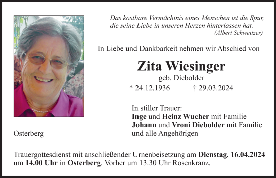 Traueranzeige von Zita Wiesinger von Illertisser Zeitung