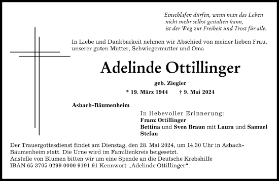 Traueranzeige von Adelinde Ottillinger von Donauwörther Zeitung