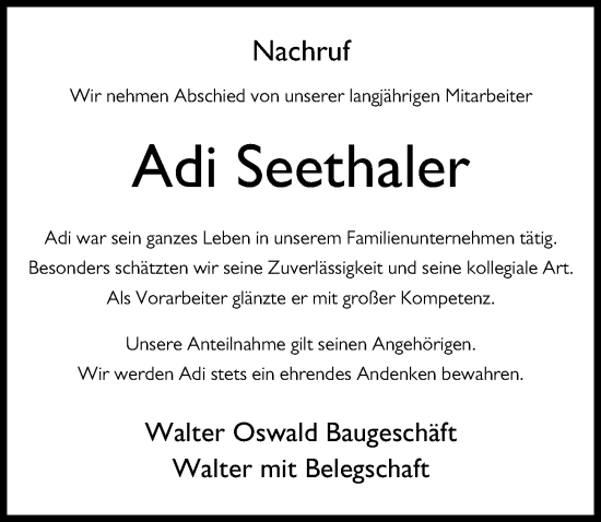 Traueranzeige von Adi Seethaler von Landsberger Tagblatt