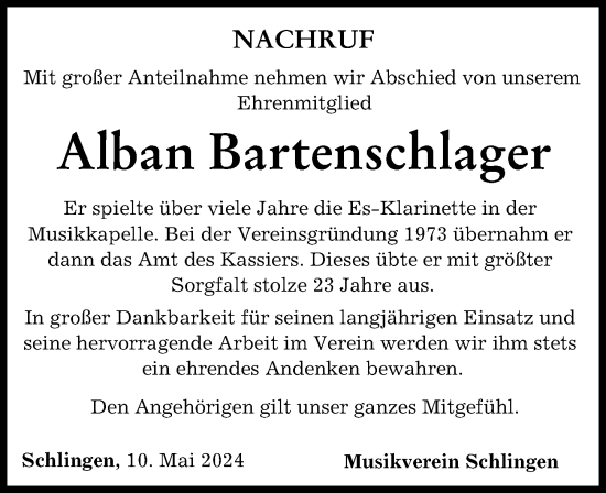 Traueranzeige von Alban Bartenschlager von Mindelheimer Zeitung