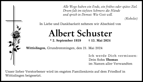 Traueranzeige von Albert Schuster von Günzburger Zeitung