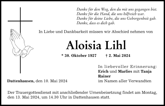 Traueranzeige von Aloisia Lihl von Donau Zeitung