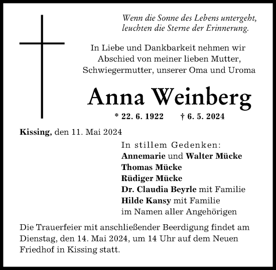 Traueranzeige von Anna Weinberg von Friedberger Allgemeine