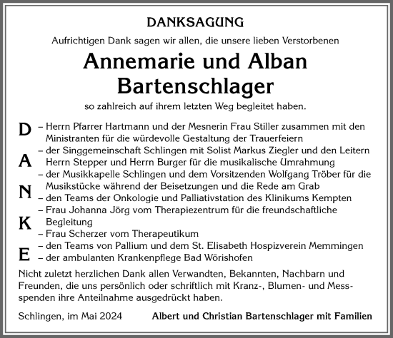 Traueranzeige von Annemarie Bartenschlager von Mindelheimer Zeitung