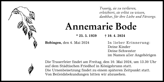 Traueranzeige von Annemarie Bode von Augsburger Allgemeine