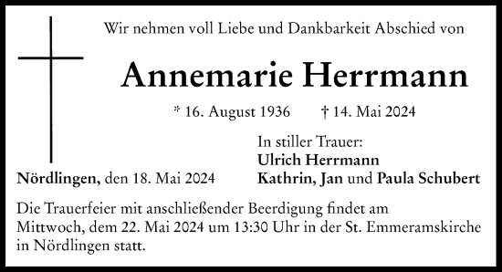 Traueranzeige von Annemarie Herrmann von Rieser Nachrichten