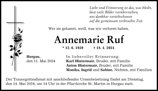 Traueranzeige von Annemarie Ruf von Augsburger Allgemeine