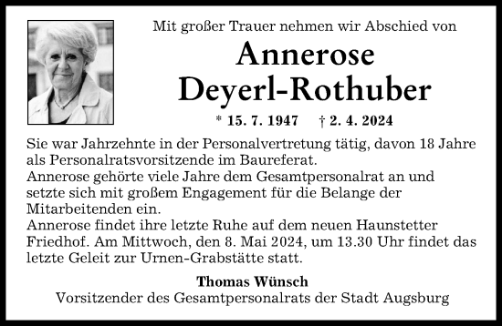 Traueranzeige von Annerose Deyerl-Rothuber von Augsburger Allgemeine