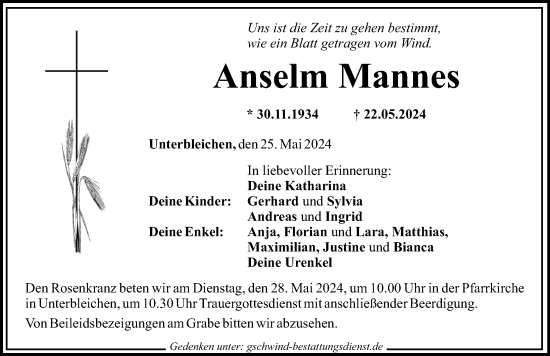 Traueranzeige von Anselm Mannes von Mittelschwäbische Nachrichten