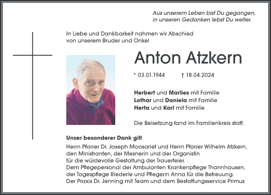 Traueranzeige von Anton Atzkern von Mittelschwäbische Nachrichten