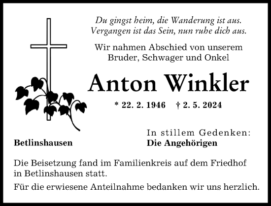 Traueranzeige von Anton Winkler von Illertisser Zeitung