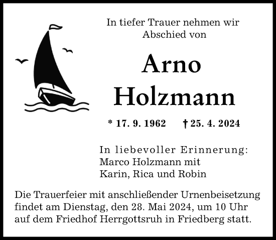 Traueranzeige von Arno Holzmann von Friedberger Allgemeine, Augsburger Allgemeine
