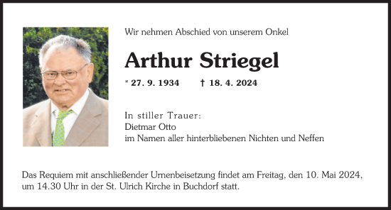 Traueranzeige von Arthur Striegel von Donauwörther Zeitung