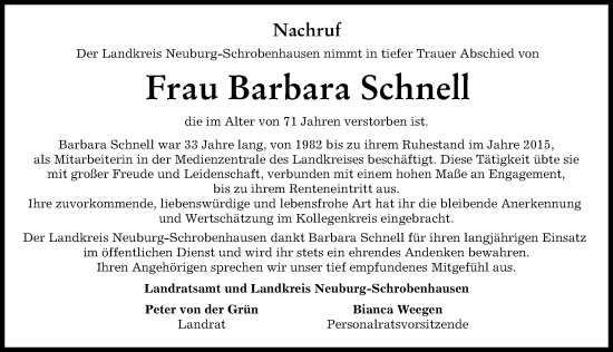 Traueranzeige von Barbara Schnell von Neuburger Rundschau