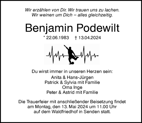 Traueranzeige von Benjamin Podewilt von Augsburger Allgemeine, Neu-Ulmer Zeitung