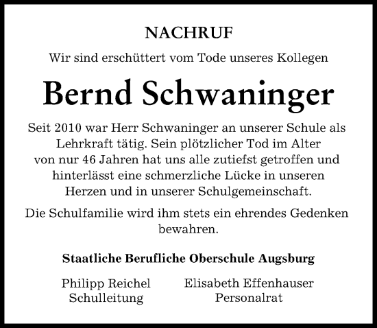 Traueranzeige von Bernd Schwaninger von Augsburger Allgemeine