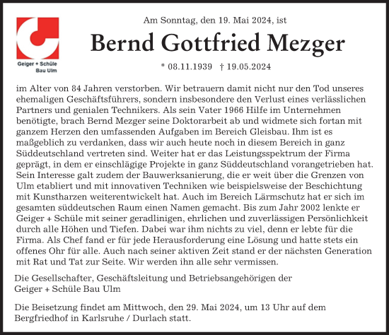 Traueranzeige von Bernd Gottfried Mezger von Augsburger Allgemeine