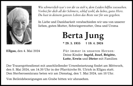 Traueranzeige von Berta Jung von Augsburg-Land